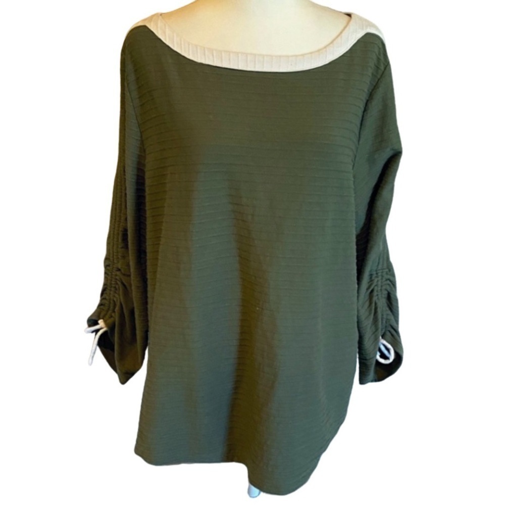Talbots Olive Green Ribbed  Boatneck Shirt XL. 3/4 Sleeve. Drawstring Scrunching